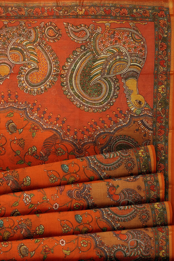 sri kumaran stores linen cotton orange saree with green floral border 4