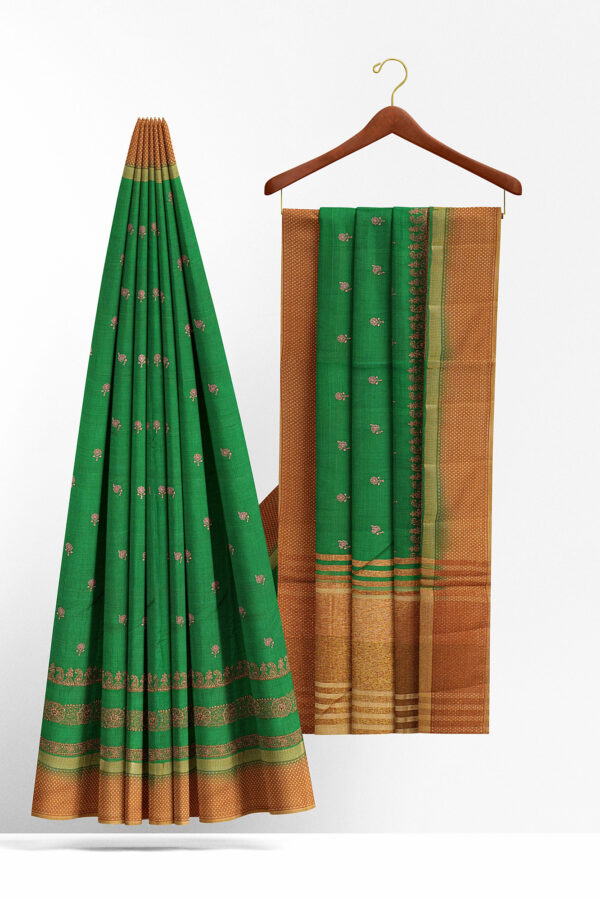 sri kumaran stores linen cotton parrot green saree with golden border 2
