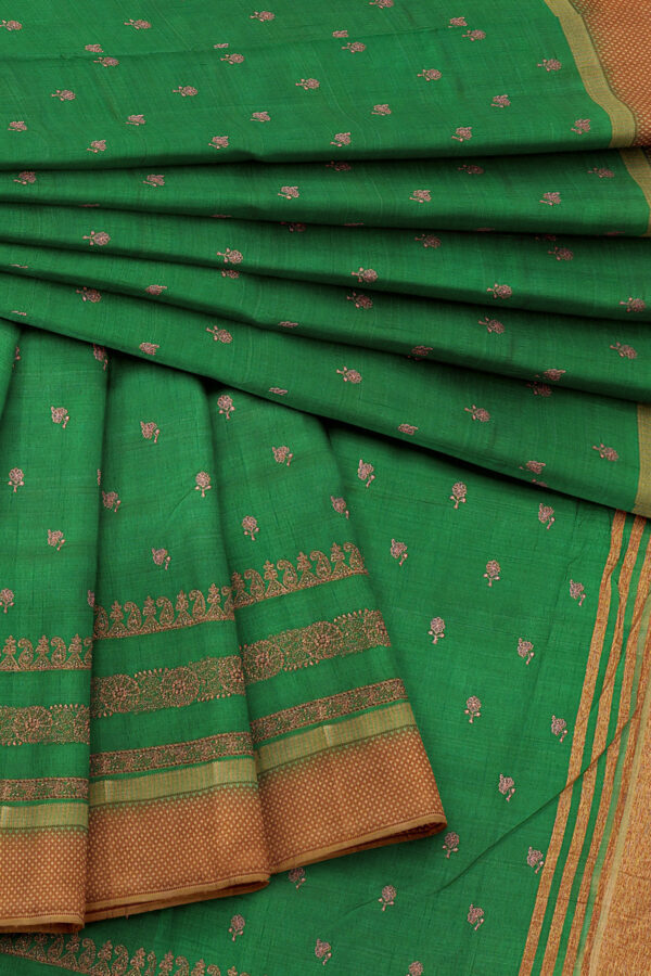 sri kumaran stores linen cotton parrot green saree with golden border 5