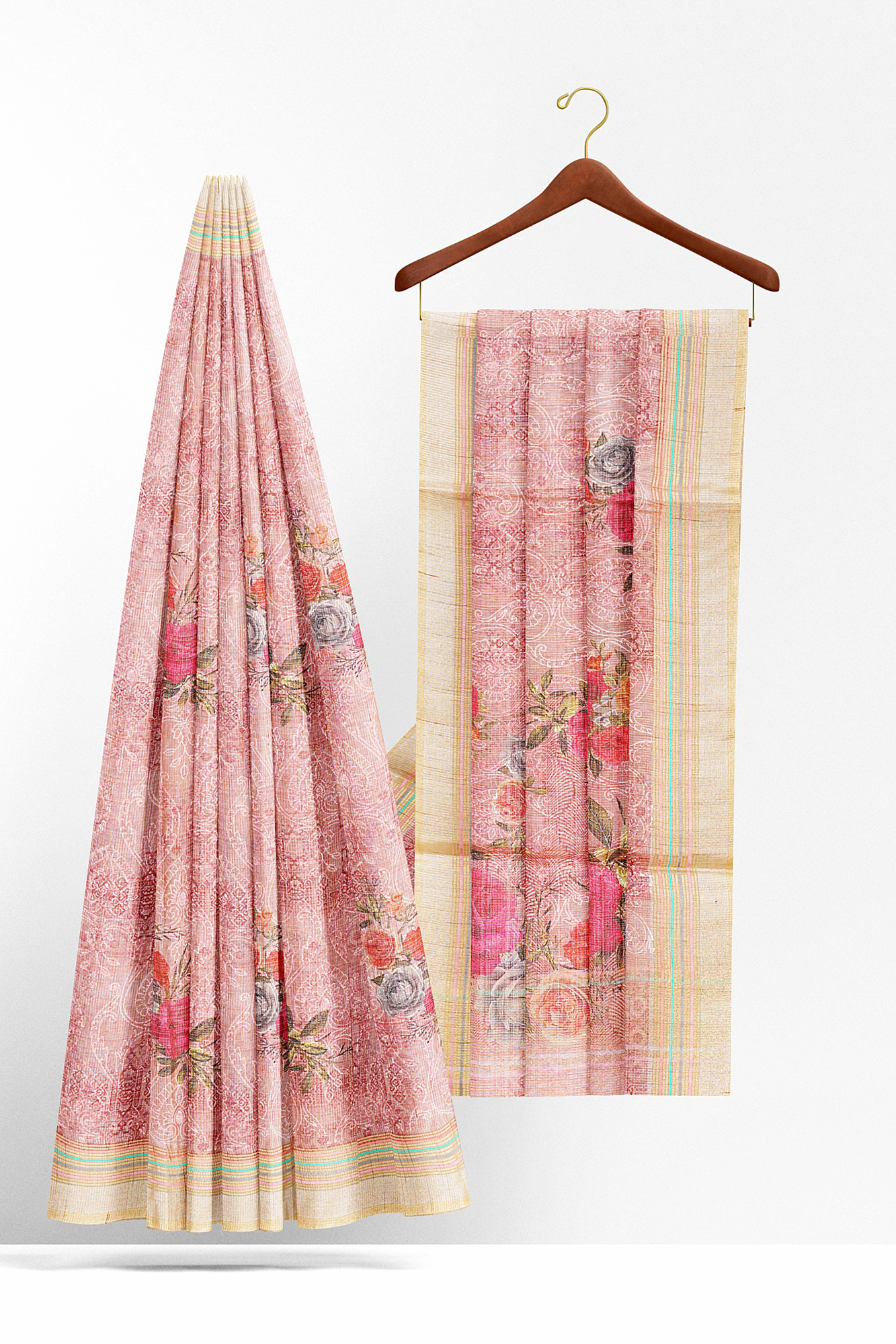 sri kumaran stores linen cotton pink saree with yellow border 2