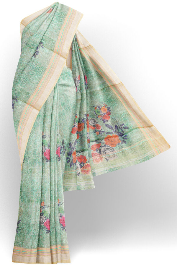 sri kumaran stores linen cotton pista green saree with golden border 1