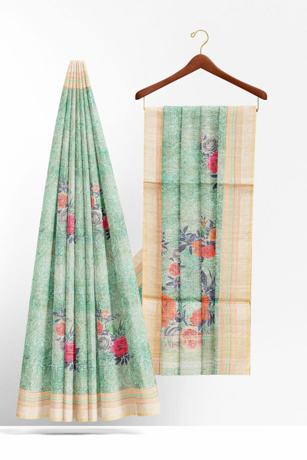 sri kumaran stores linen cotton pista green saree with golden border 2