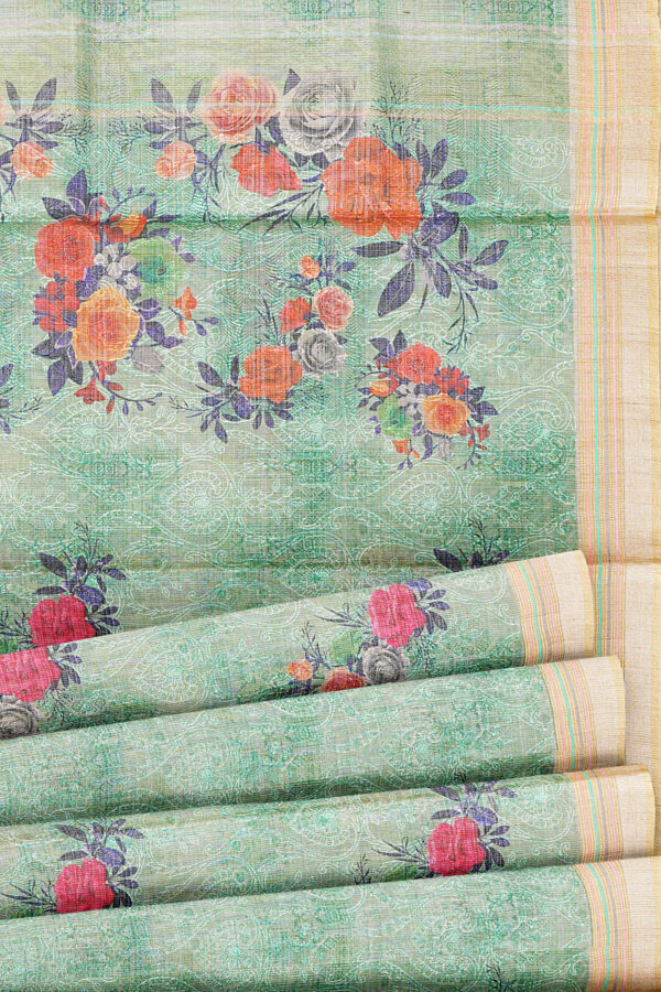 sri kumaran stores linen cotton pista green saree with golden border 4