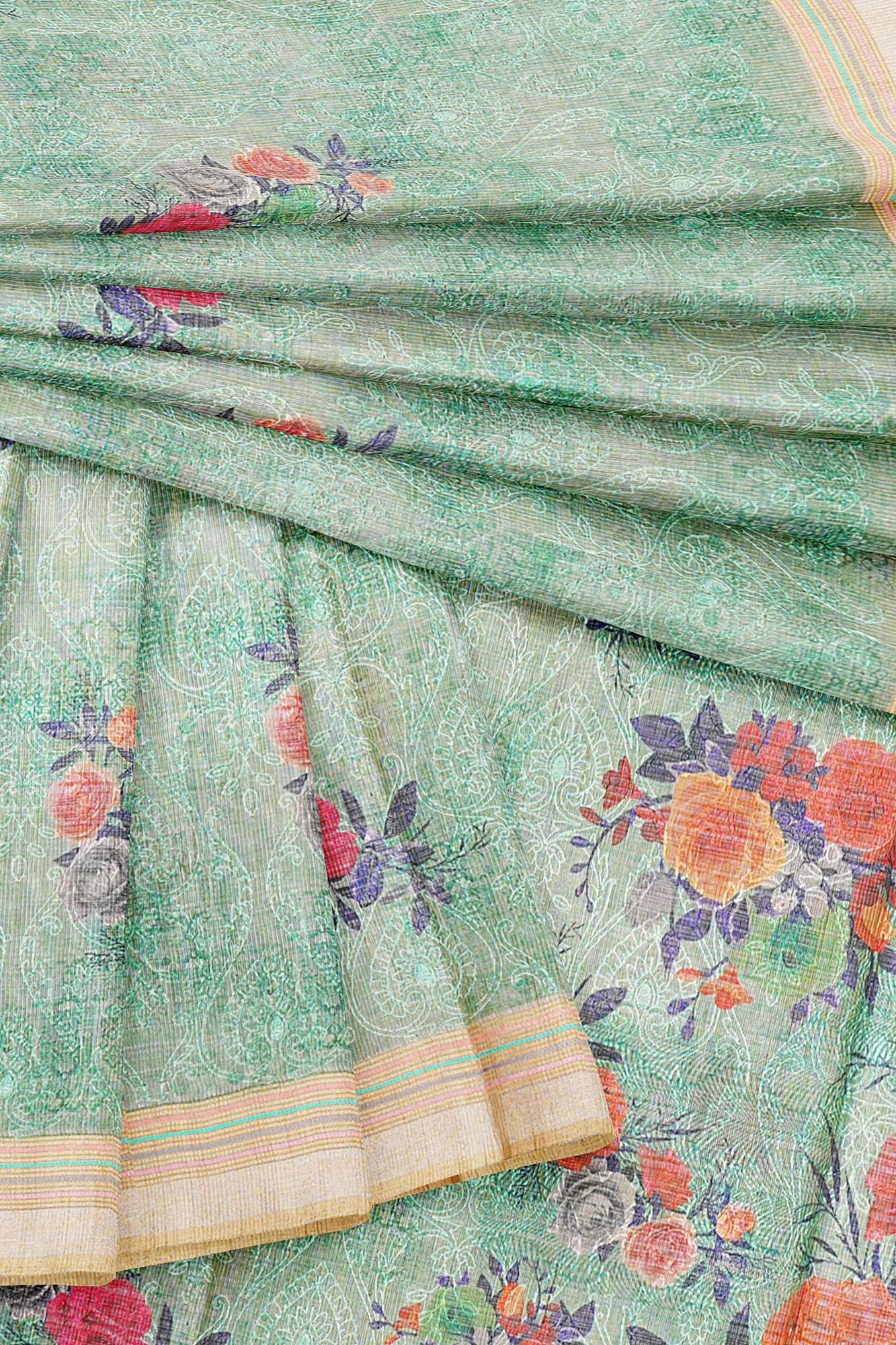 sri kumaran stores linen cotton pista green saree with golden border 5