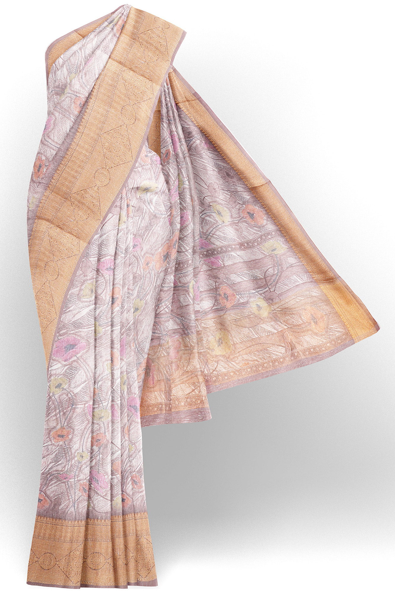 sri kumaran stores linen cotton purplish white saree with golden border 1