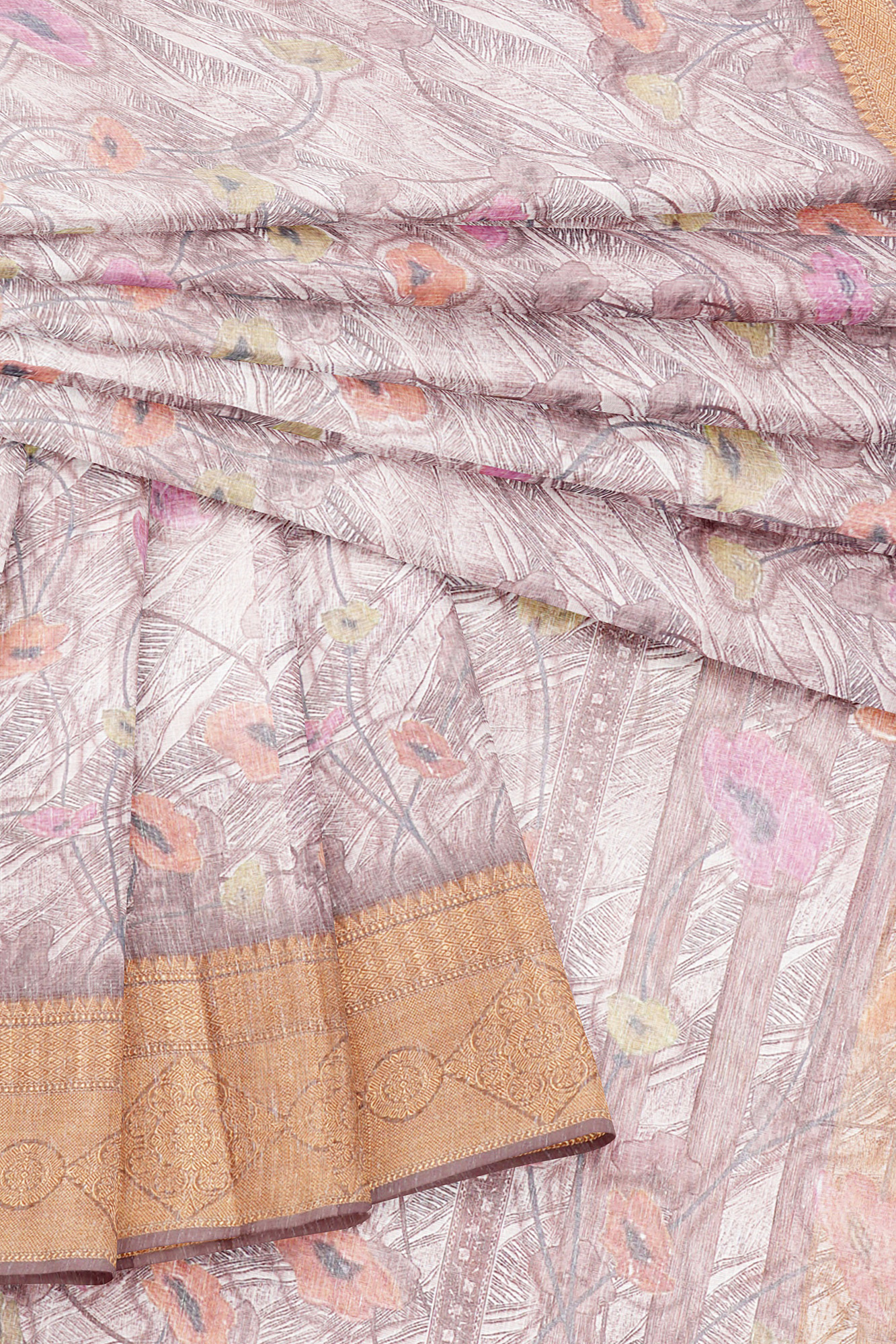 sri kumaran stores linen cotton purplish white saree with golden border 5