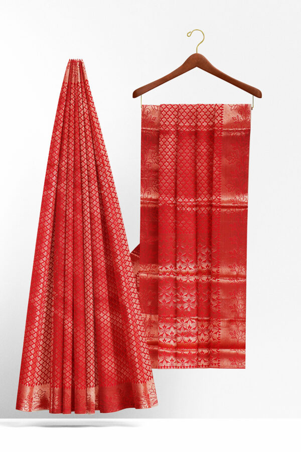 sri kumaran stores linen cotton red saree with golden red border 2