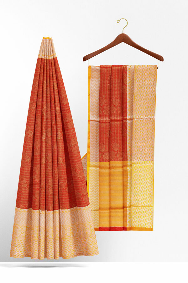 sri kumaran stores linen cotton red saree with golden yellow border 2