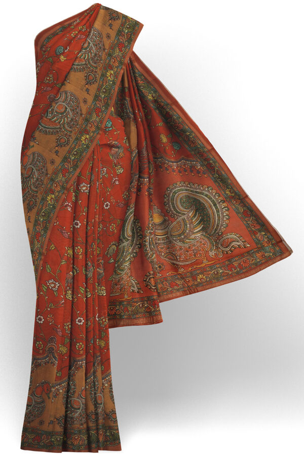 sri kumaran stores linen cotton red saree with green floral border 1