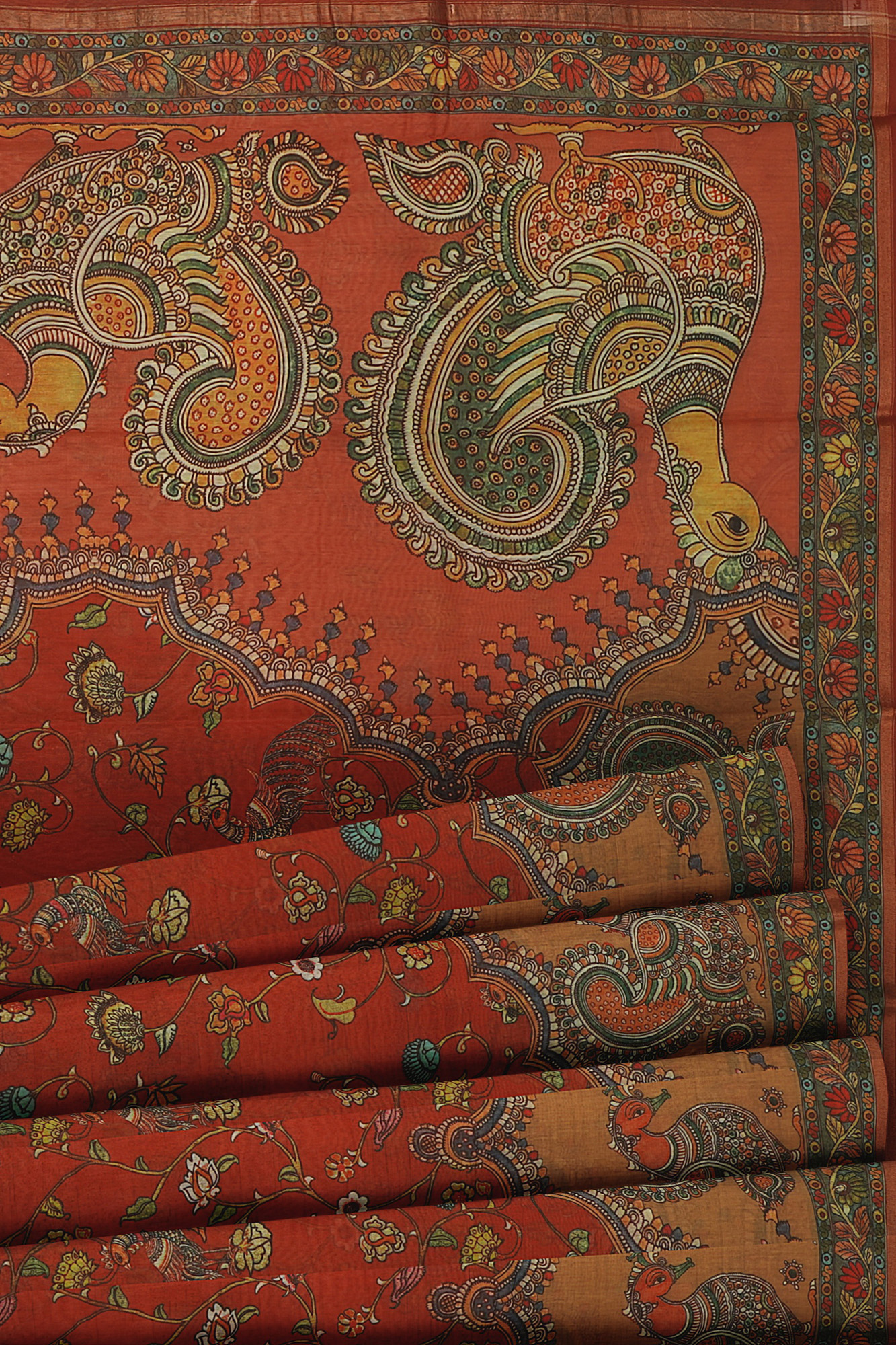 sri kumaran stores linen cotton red saree with green floral border 4