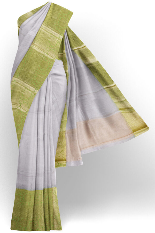 sri kumaran stores linen cotton silver saree with golden green border 1