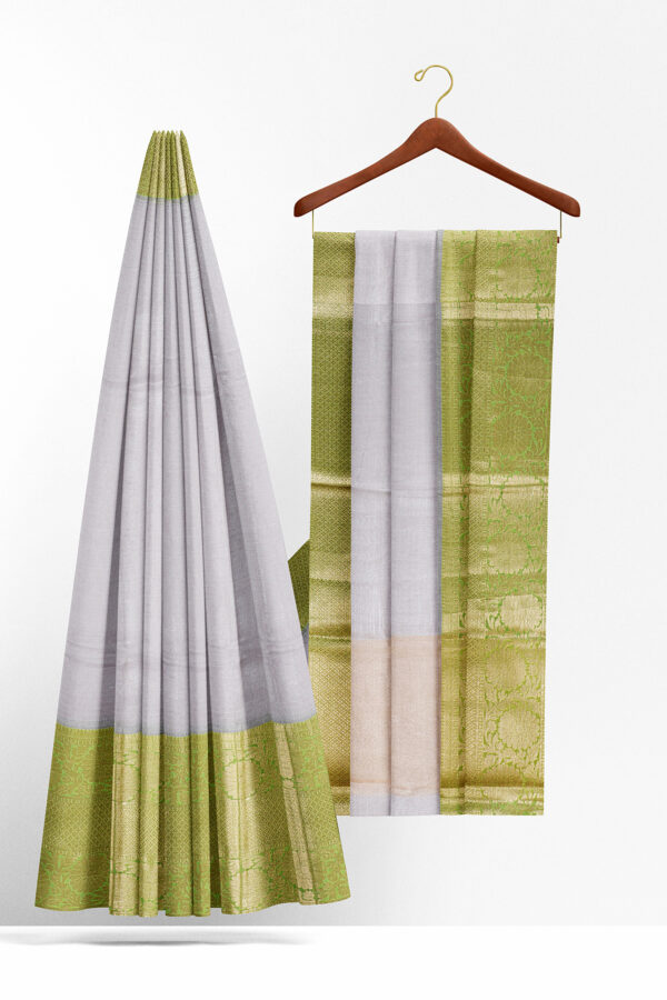 sri kumaran stores linen cotton silver saree with golden green border 2