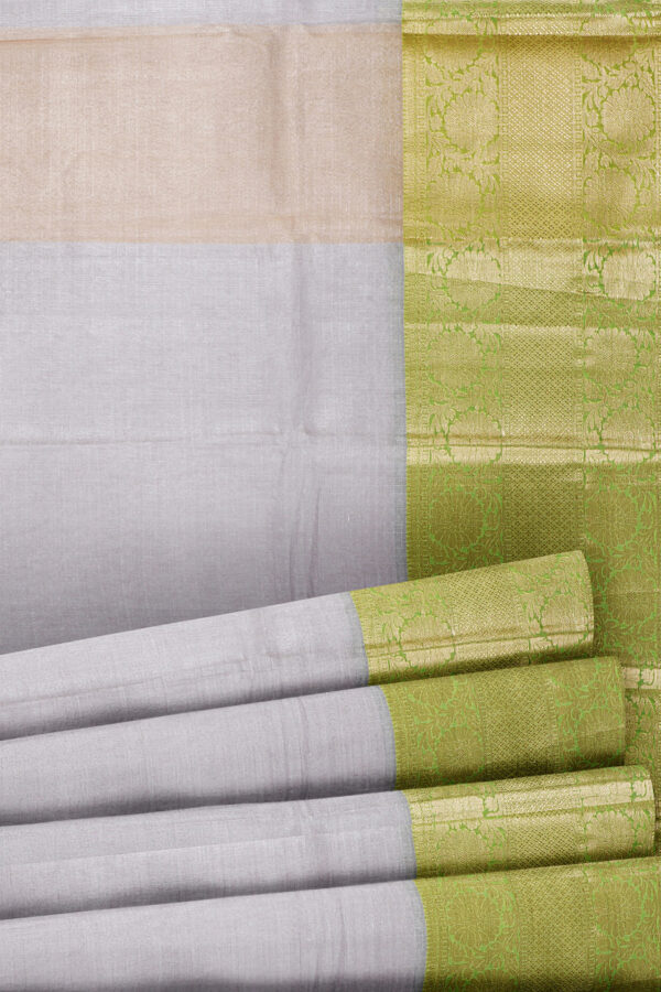 sri kumaran stores linen cotton silver saree with golden green border 4