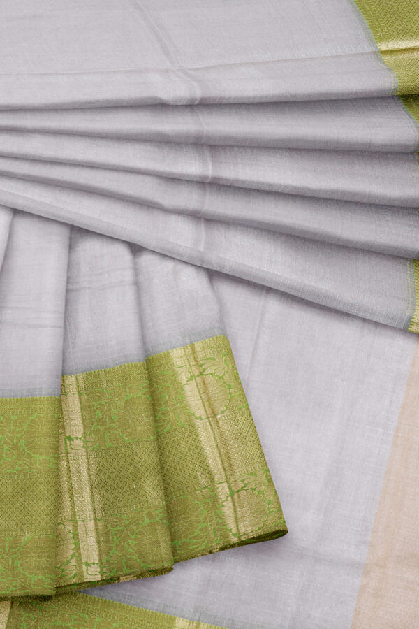 sri kumaran stores linen cotton silver saree with golden green border 5