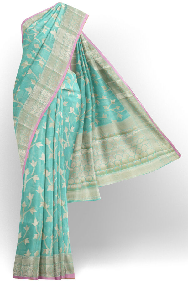 sri kumaran stores linen cotton sky blue saree with golden border 1