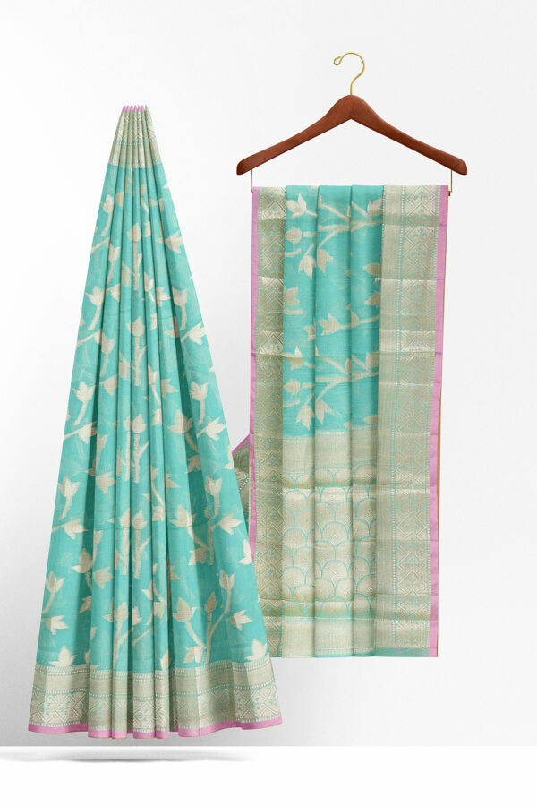 sri kumaran stores linen cotton sky blue saree with golden border 2