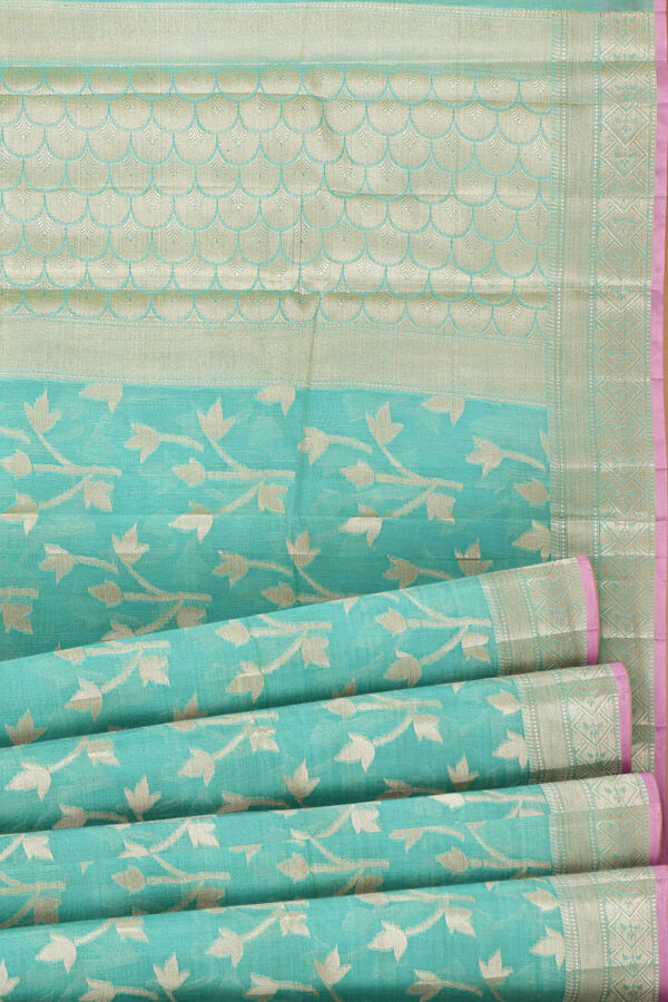 sri kumaran stores linen cotton sky blue saree with golden border 4
