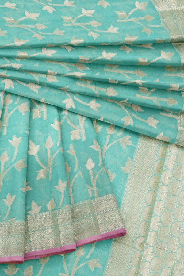 sri kumaran stores linen cotton sky blue saree with golden border 5