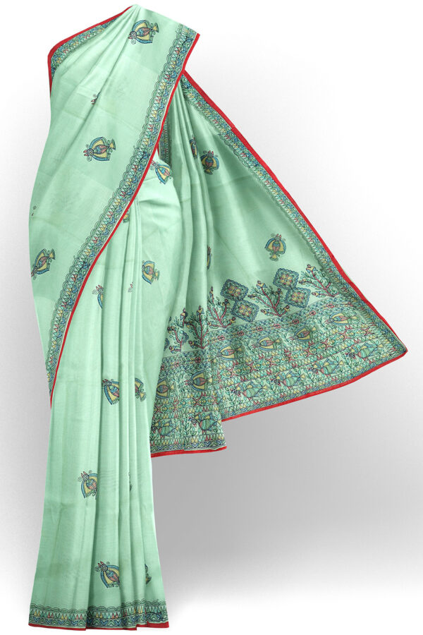 sri kumaran stores linen cotton turquoise blue saree with floral design border 1
