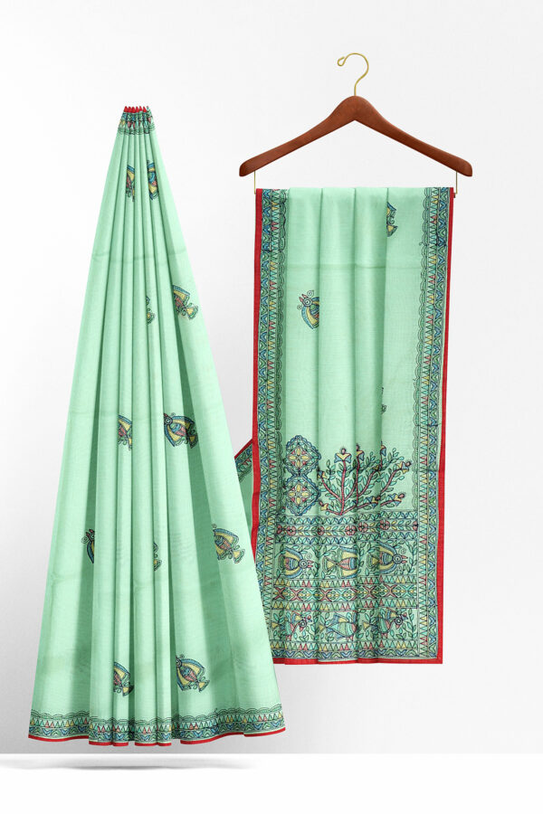 sri kumaran stores linen cotton turquoise blue saree with floral design border 2