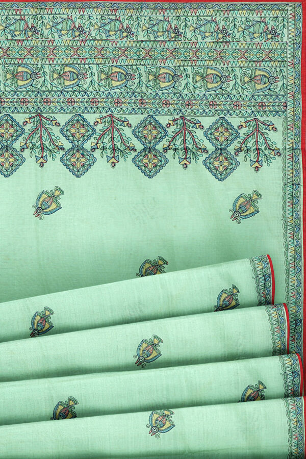 sri kumaran stores linen cotton turquoise blue saree with floral design border 4