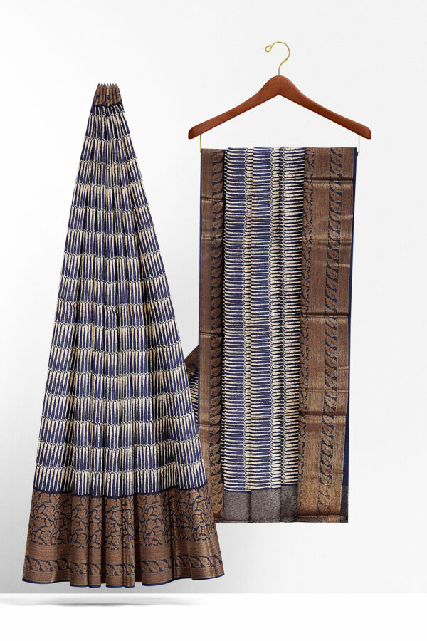 sri kumaran stores linen cotton white and dark blue saree with copper colour border 2