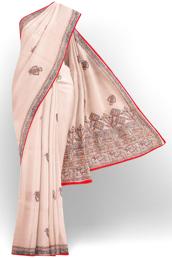 sri kumaran stores linen cotton white saree with floral design border 1