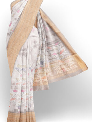 sri kumaran stores linen cotton white saree with golden border 1