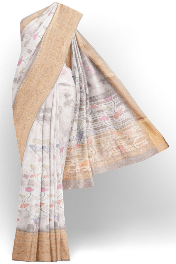 sri kumaran stores linen cotton white saree with golden border 1