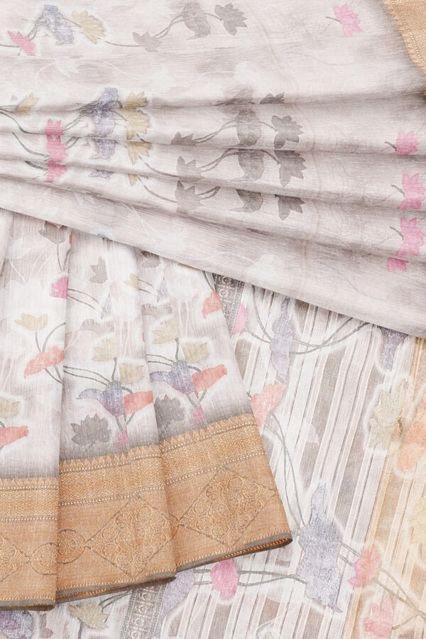 sri kumaran stores linen cotton white saree with golden border 5