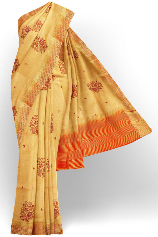 sri kumaran stores linen cotton yellow saree with golden red border 1 1