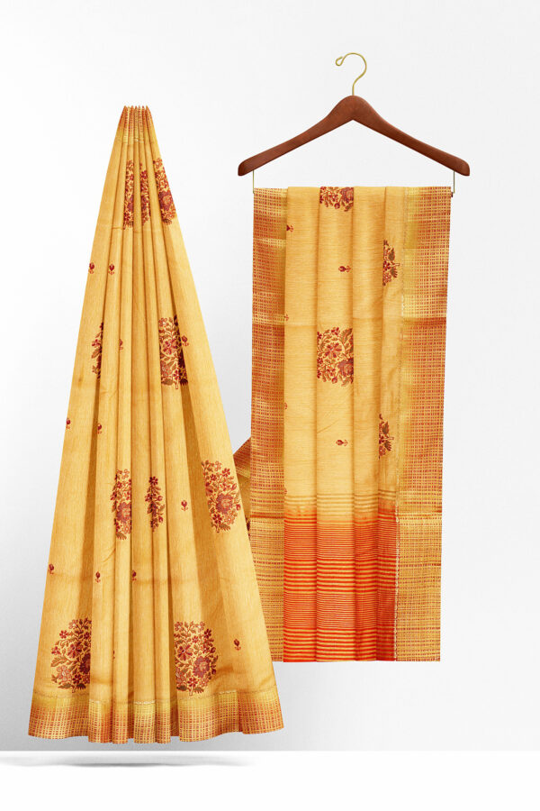 sri kumaran stores linen cotton yellow saree with golden red border 1 2