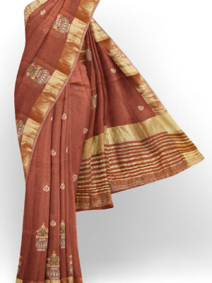 sri kumaran stores linen embroidery saree brown saree with golden border 1
