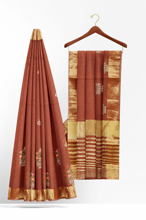 sri kumaran stores linen embroidery saree brown saree with golden border 2