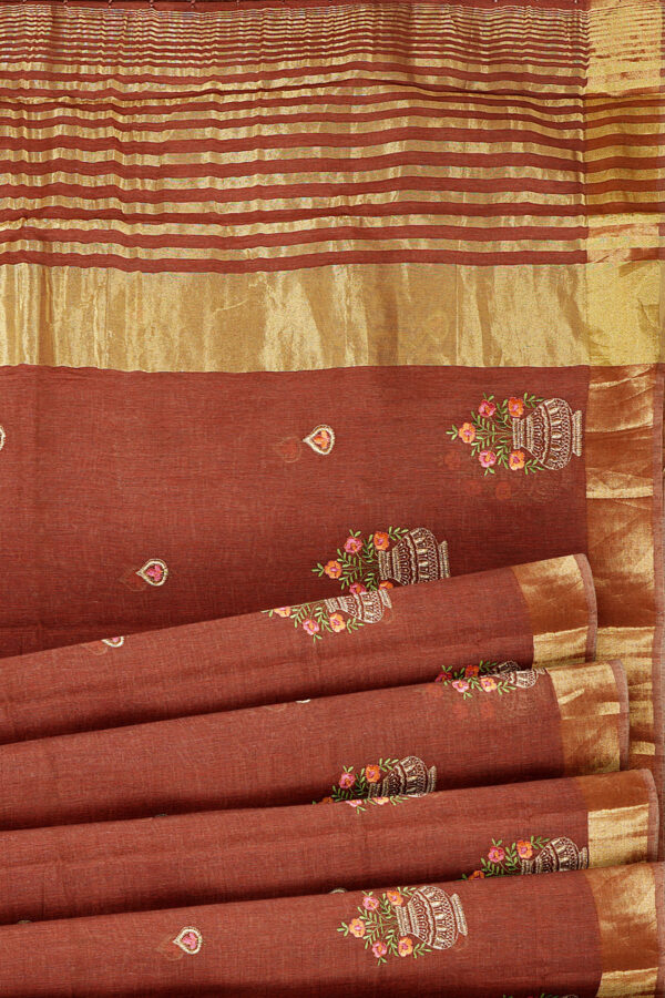 sri kumaran stores linen embroidery saree brown saree with golden border 4