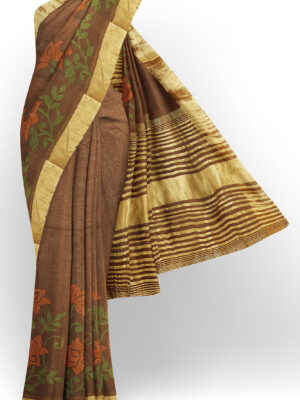 sri kumaran stores linen embroidery saree dark brown saree with golden border 1