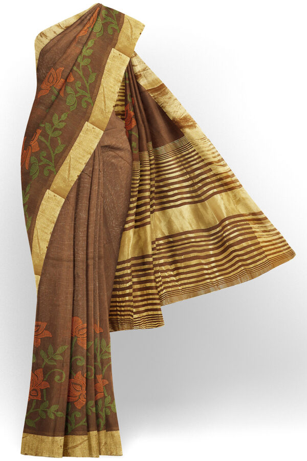 sri kumaran stores linen embroidery saree dark brown saree with golden border 1