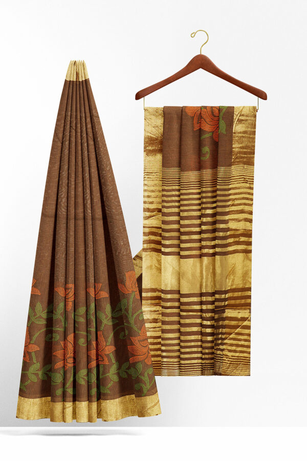 sri kumaran stores linen embroidery saree dark brown saree with golden border 2
