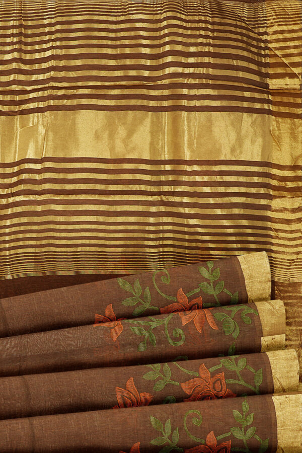 sri kumaran stores linen embroidery saree dark brown saree with golden border 4