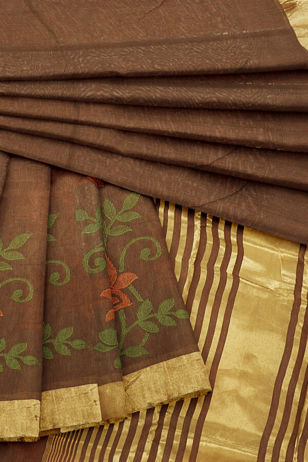 sri kumaran stores linen embroidery saree dark brown saree with golden border 5