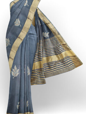 sri kumaran stores linen embroidery saree grey saree with golden border 1