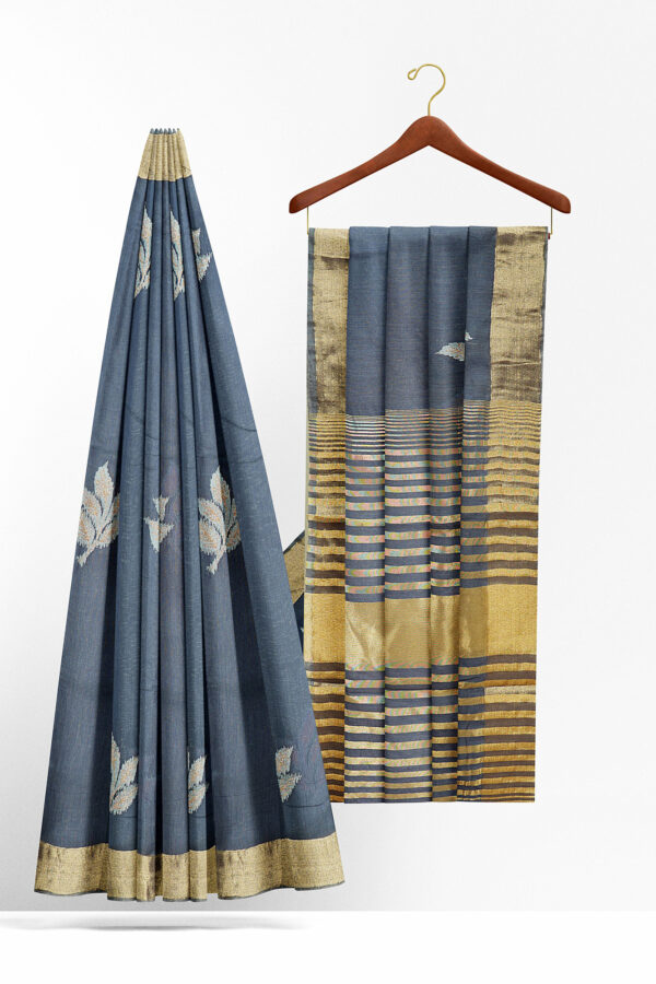 sri kumaran stores linen embroidery saree grey saree with golden border 2