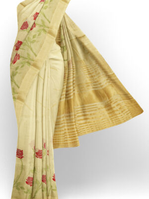sri kumaran stores linen embroidery saree half white saree with golden border 1