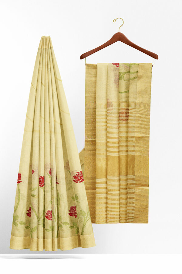 sri kumaran stores linen embroidery saree half white saree with golden border 2