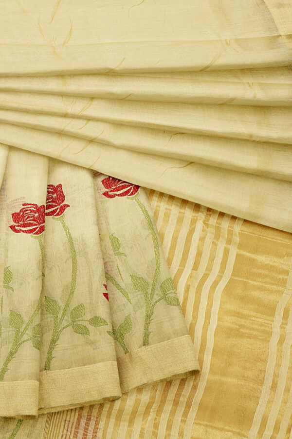 sri kumaran stores linen embroidery saree half white saree with golden border 5