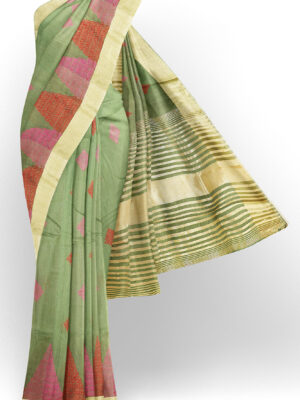 sri kumaran stores linen embroidery saree light green saree with golden border 1