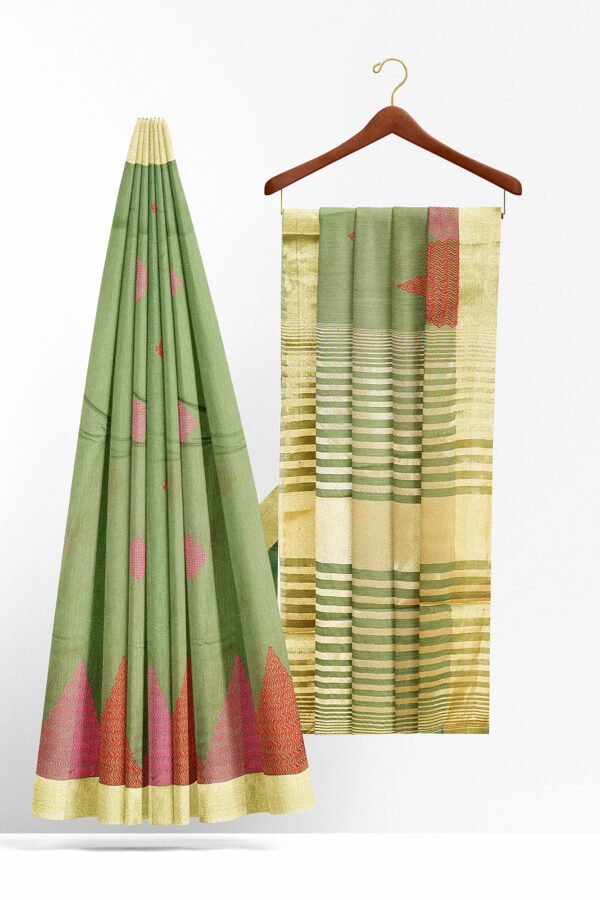 sri kumaran stores linen embroidery saree light green saree with golden border 2
