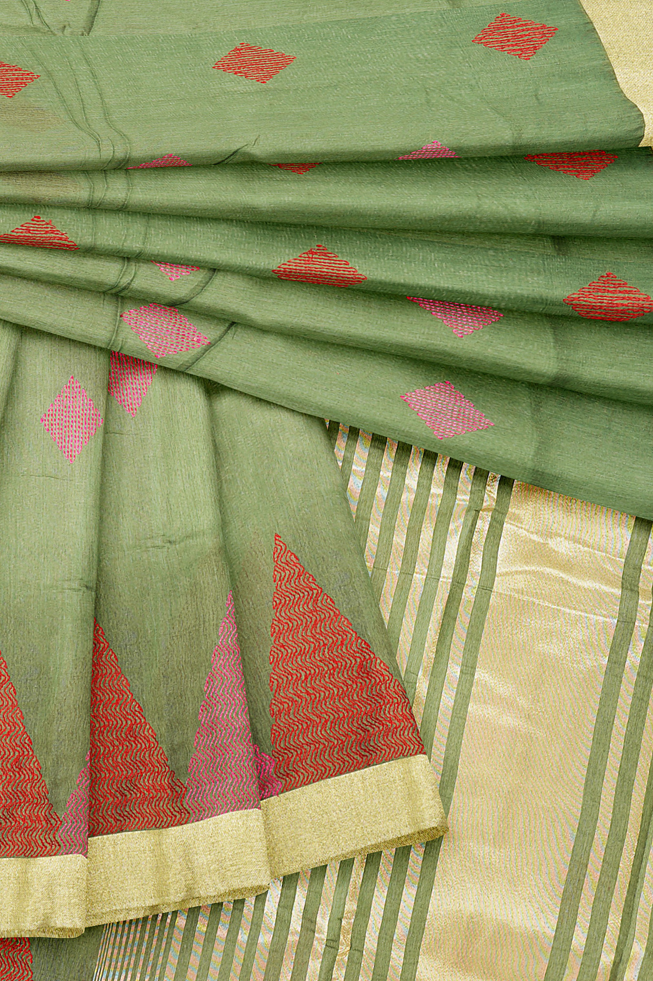 sri kumaran stores linen embroidery saree light green saree with golden border 5