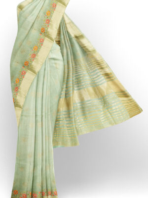 sri kumaran stores linen embroidery saree light green saree with golden border 1 1
