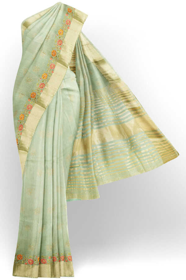sri kumaran stores linen embroidery saree light green saree with golden border 1 1